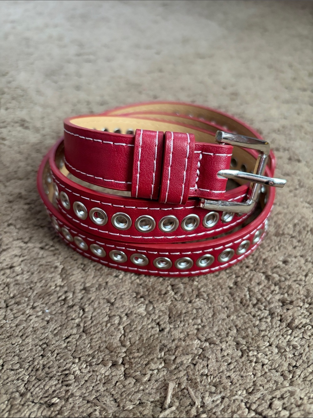 Red Grommet Accent Leather Belt for Women